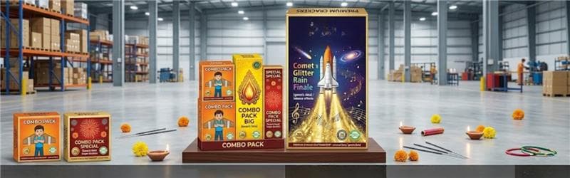 Bijili wholesale Sivakasi crackers warehouse — assorted fireworks boxes stacked
